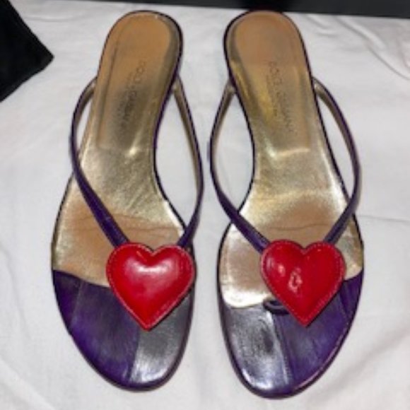 Dolce & Gabbana Purple Leather Heart Flip Flops Size 6 Sandals - Picture 5 of 9